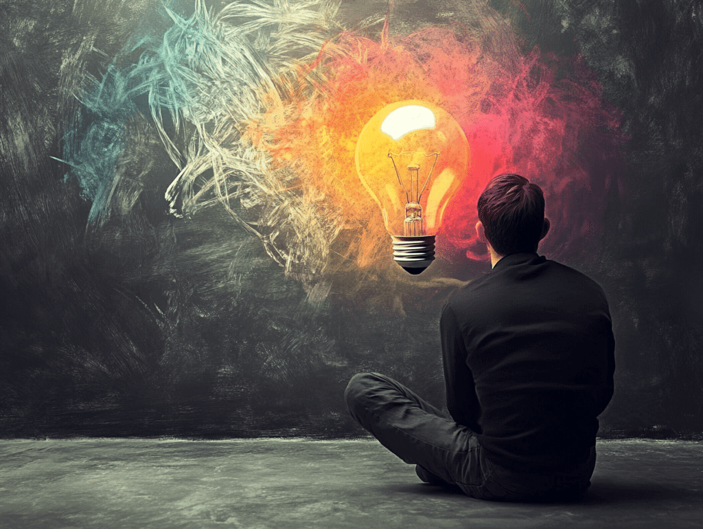 A person sitting on the ground gazing at a light bulb with colorful smoke swirling around it, representing a burst of creative ideas.