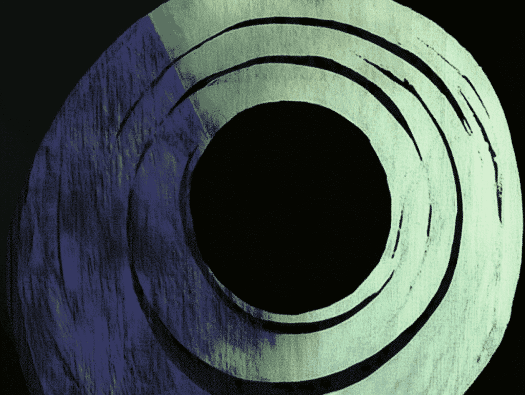 Digital image of a textured spiral in shades of blue and green against a dark background.