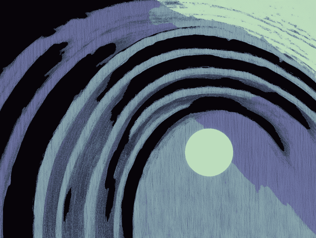 Illustration of stylized wavy lines in shades of blue and black with a pale circular shape suggesting a moon.