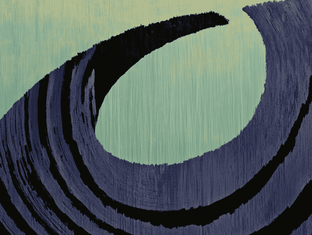 A digital abstract painting featuring a textured swirl in shades of blue and black against a pale yellow background.